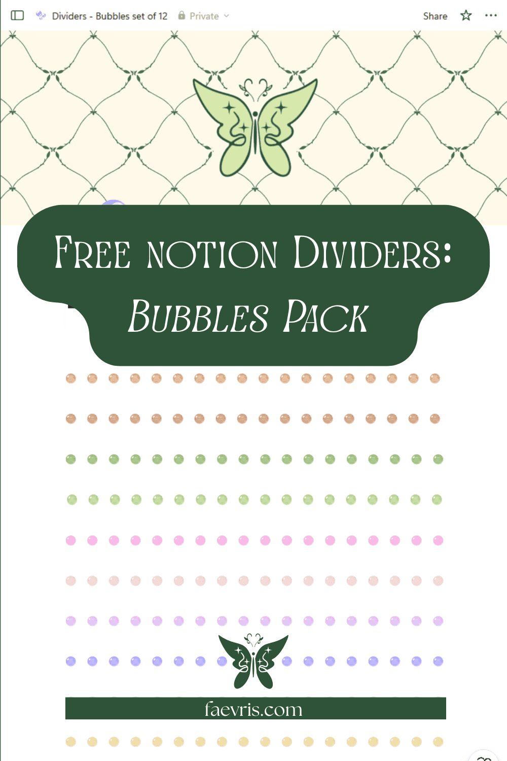 Free Notion Dividers: Bubbles Pack edition Stylized banner with a butterfly logo, titled "Free Notion Dividers: Bubbles Pack" featuring multicolored bubble dividers.