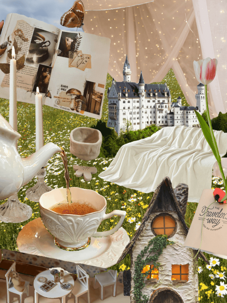 Collage featuring a fairy tale scene with a castle, teacup, open book, candle, flower, cottage, and canopy in a field of daisies.